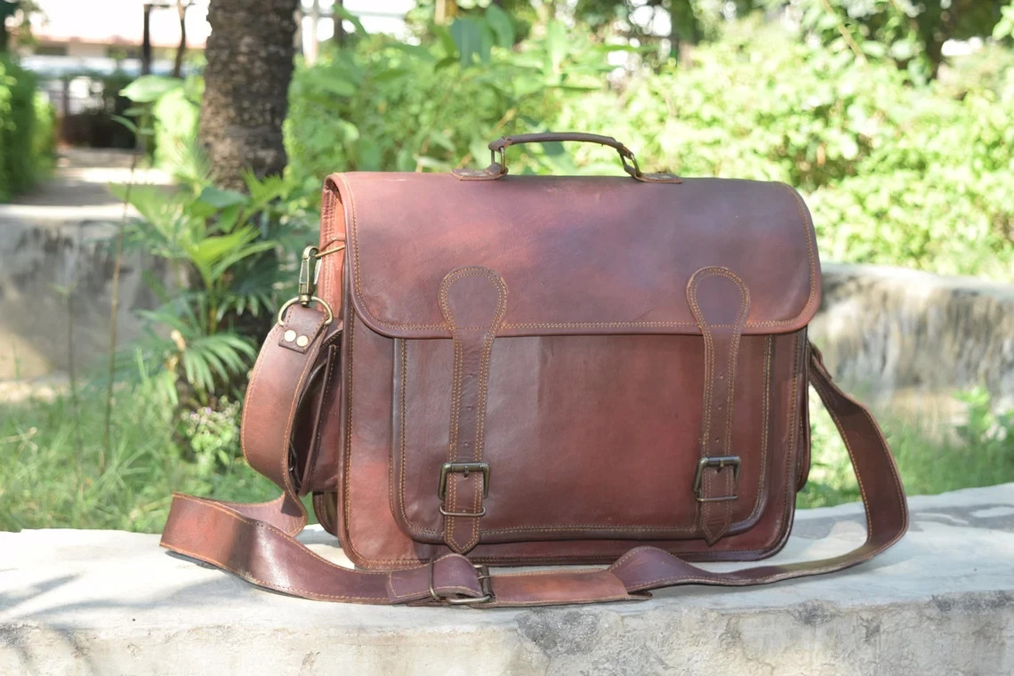 Men’s Genuine Leather Laptop Messenger Bag – Handmade Vintage Briefcase Satchel