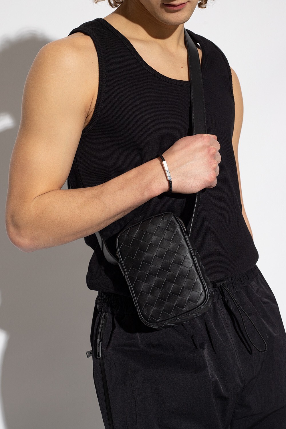 NO CUSTOMS TAX BOTTEGA VENETA black intrecciato woven leather crossbody mini bag