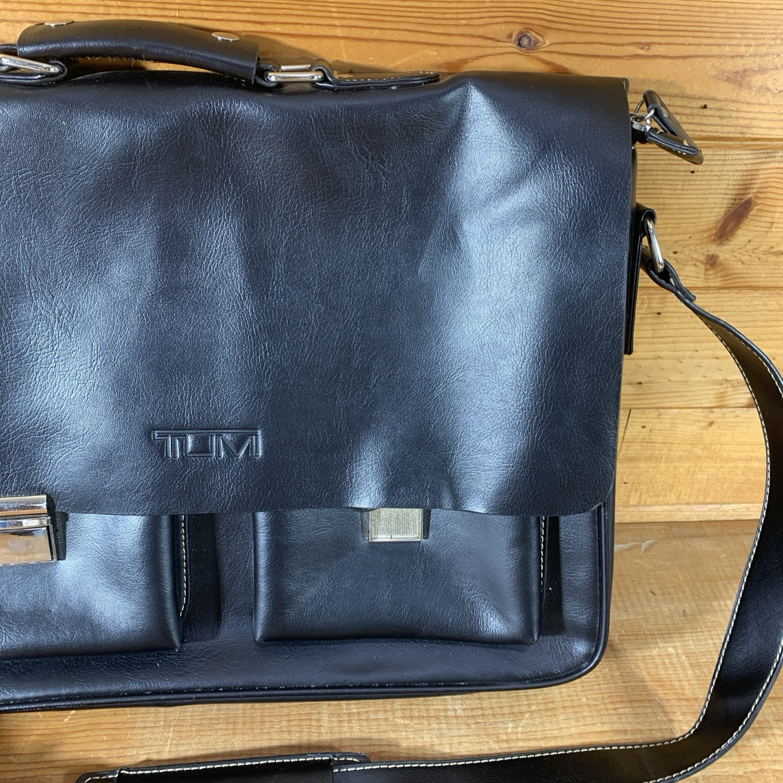 Tumi Messenger Bag, Black Leather Contrast Stitch, Leather Strap, Missing Latch