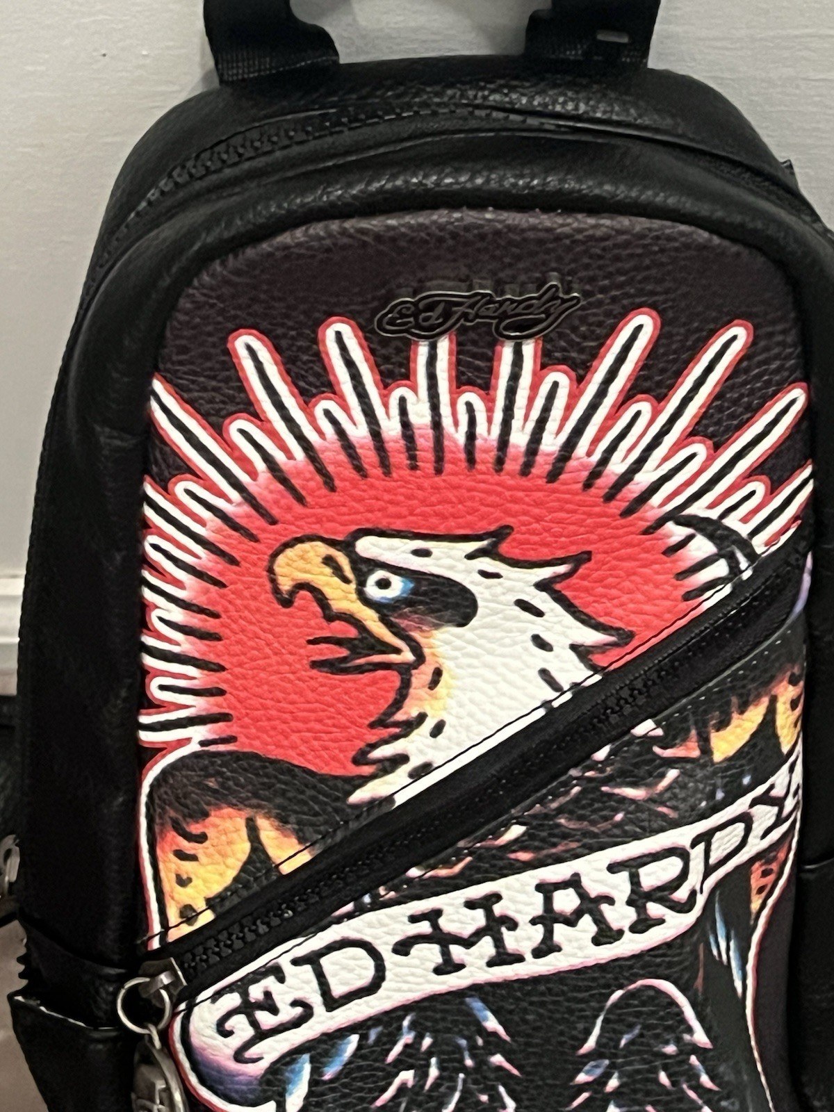 Ed Hardy Leather Black Crossbody/Sling Bag Tattoo Eagle Skull NWT