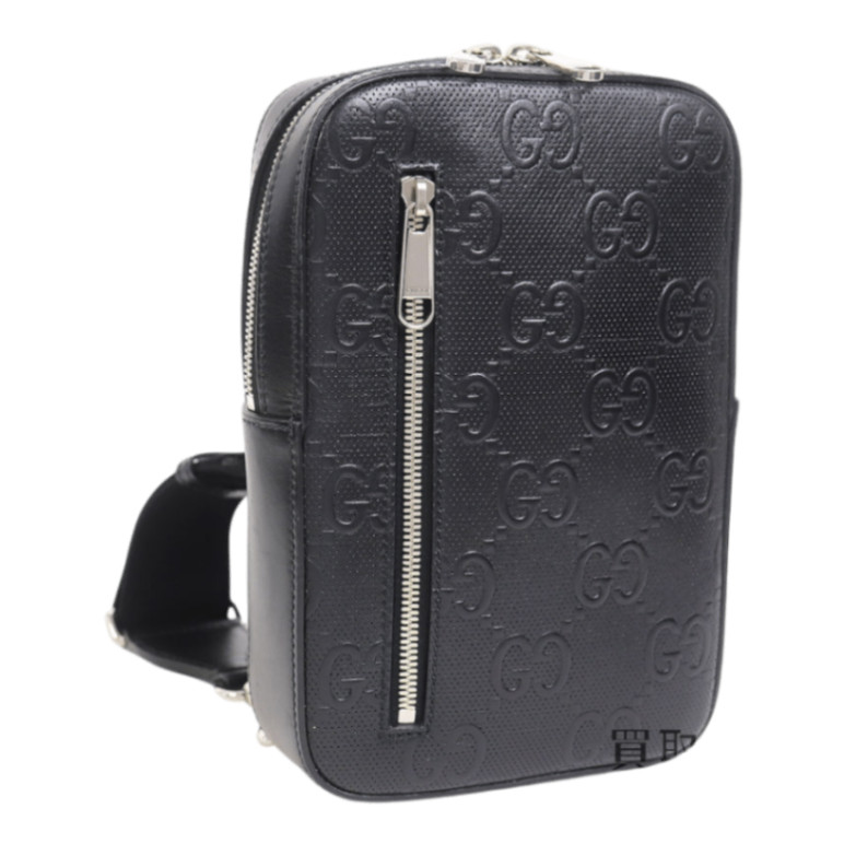 Gucci GG Embossed Sling Backpack Black Perforated Leather Crossbody Shoulder Bag