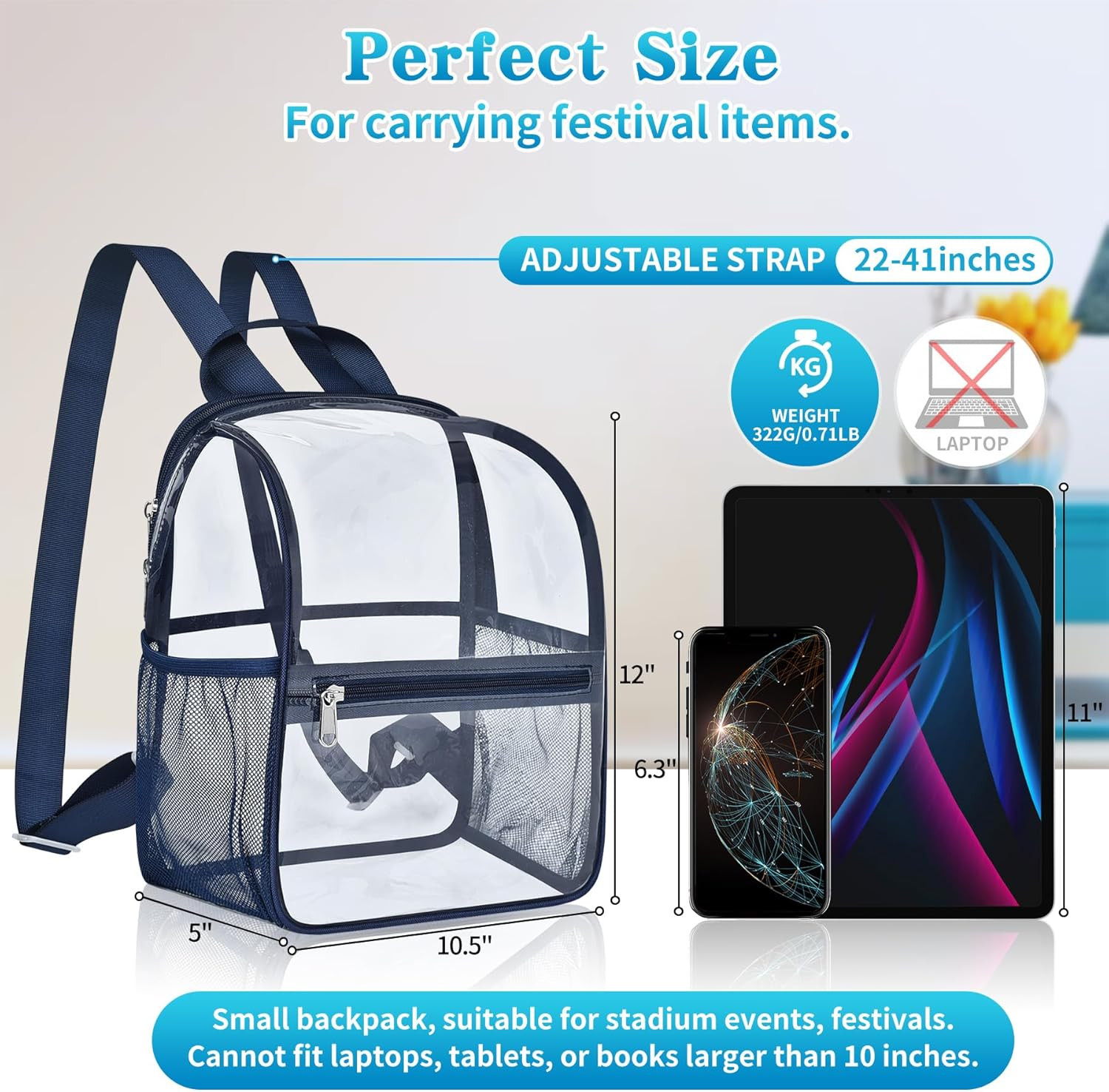 Clear Backpack 12X12X6, Stadium Approved Small Bag | for Women Men, Dual Bottle