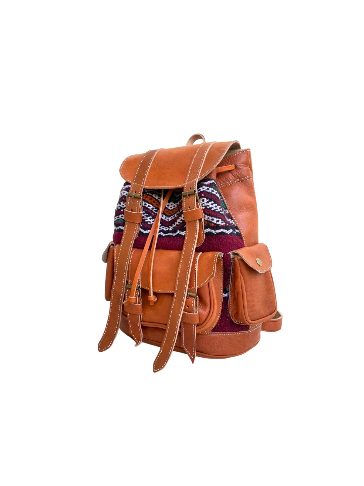 Handcrafted Genuine Leather & Red Kilim Backpack – Cognac | Leather Strap