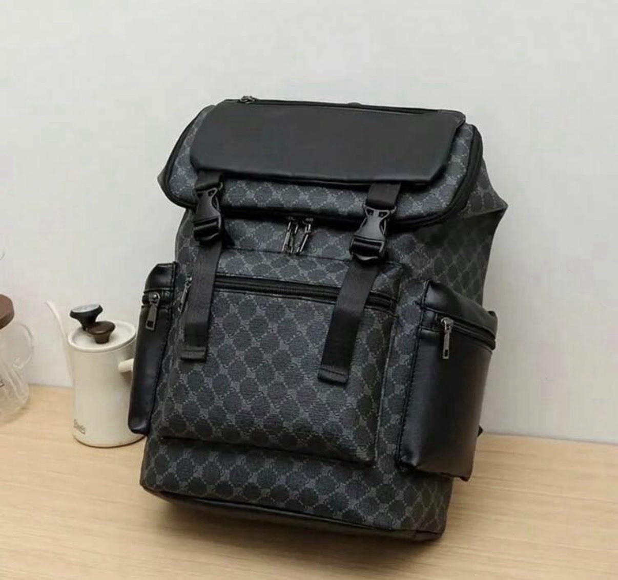 Men’s Black/Gray Geometric Backpack Zip & Buckle Closure Shoulder Strap