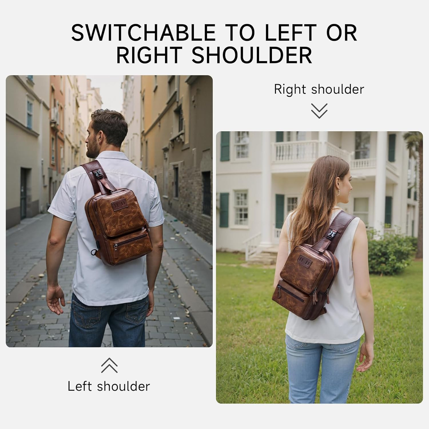 EDC Crossbody Bag for Men Leather Sling Bag, Tactical Chest Bag with USB Chargin