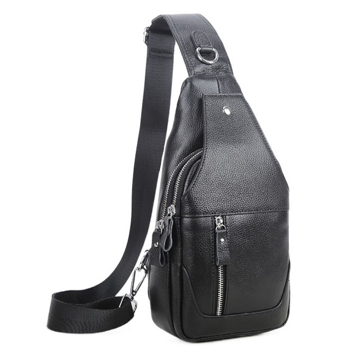 Genuine Leather Sling Backpack, Black Men‘s Crossbody Chest Bag Causal Daypack
