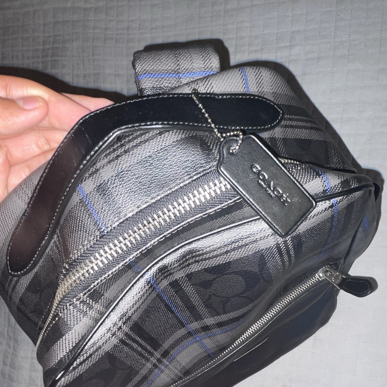 Coach Men’s Plaid Backpack Gray/Black/Blue Zip Adjustable Strap Lined