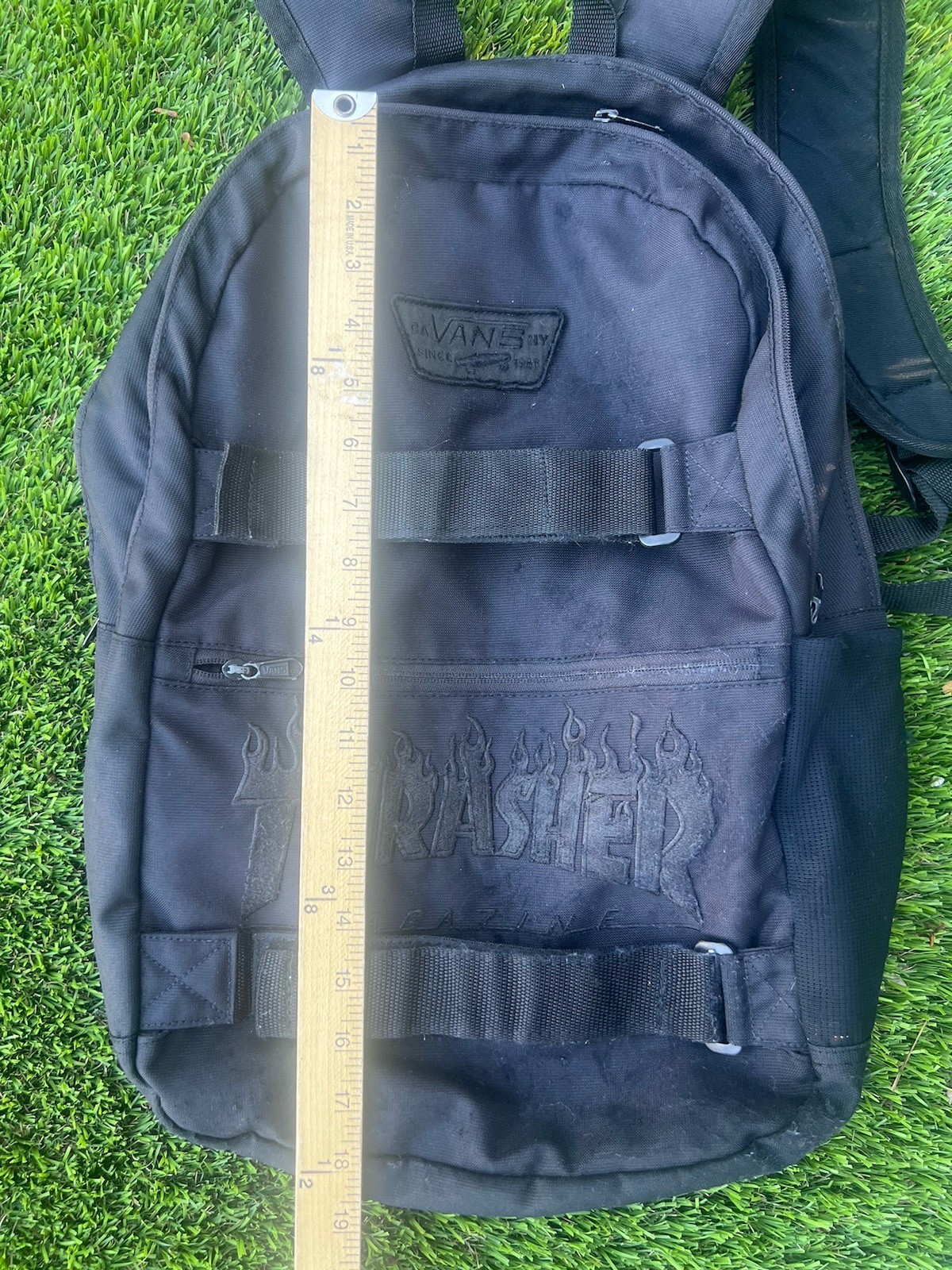 VANS × THRASHER Magazine Backpack Black Bag 4 Zippers Pockets Laptop VN0A2WNVO9B