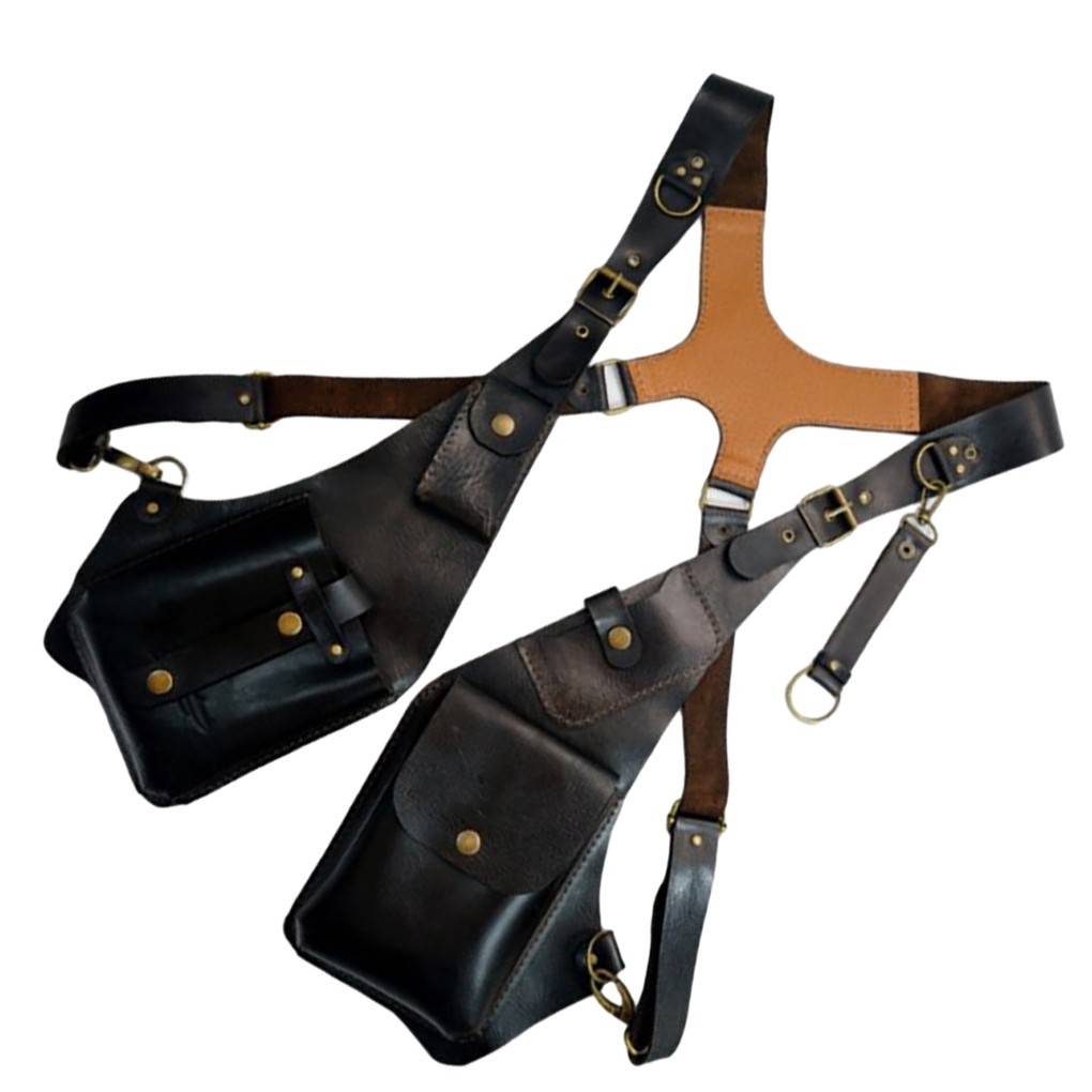 Steampunk Shoulder Harness Bag PU Leather Underarm Holster Phone Pouch Black