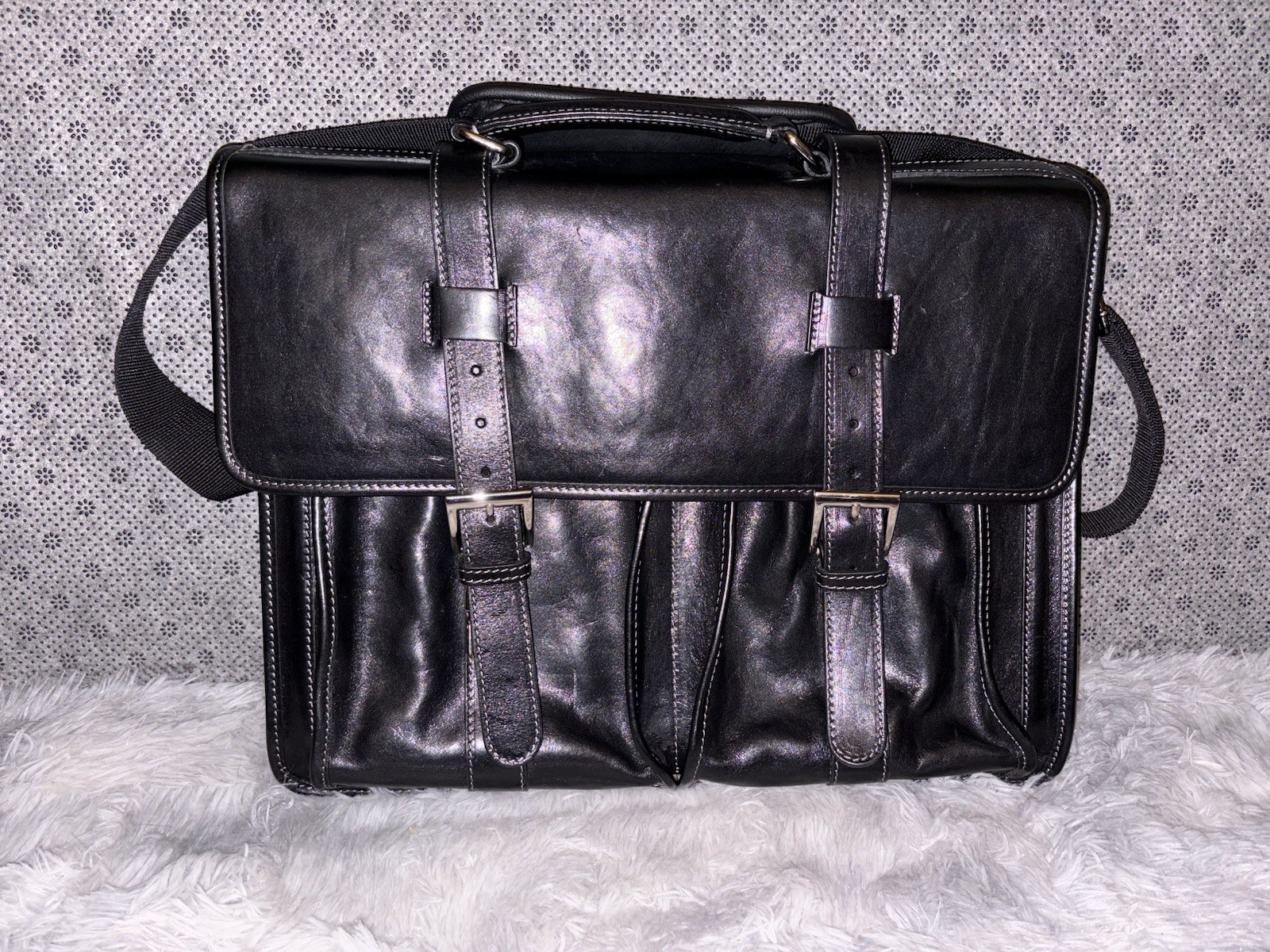 Floto Firenze Black Leather Buckle Strap Briefcase Messenger Bag Made In Italy