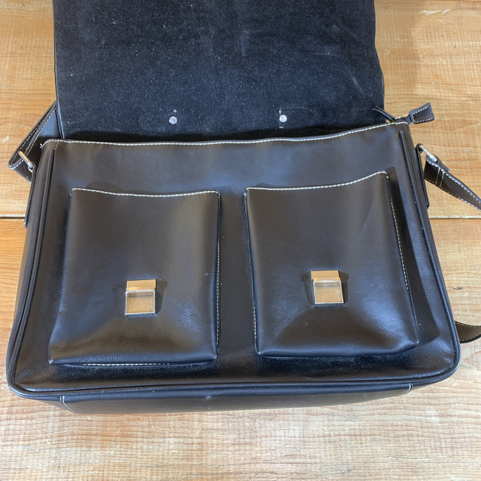Tumi Messenger Bag, Black Leather Contrast Stitch, Leather Strap, Missing Latch