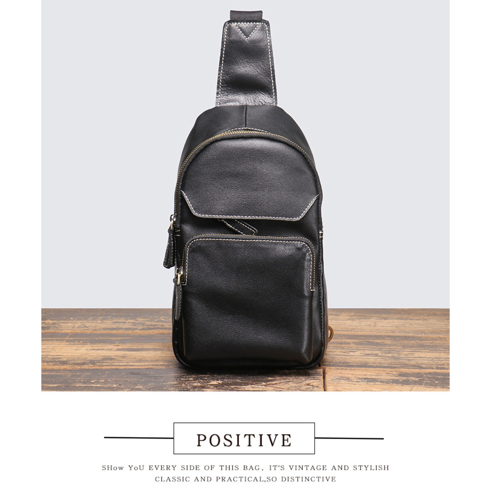 Men’s Leather Crossbody Sling Bag Chest Pack Shoulder Backpack Travel Black