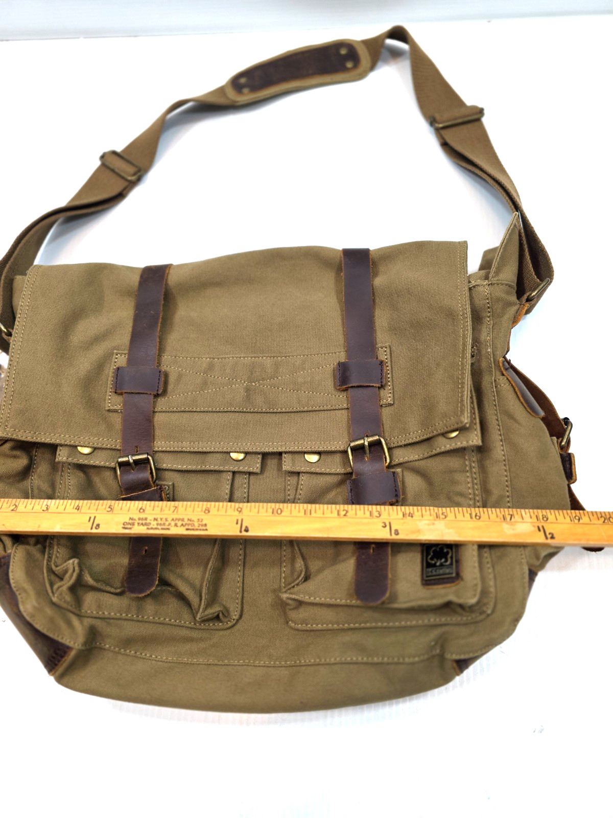 SC COTTON Canvas Messenger Shoulder Bag w Leather Straps Olive Green