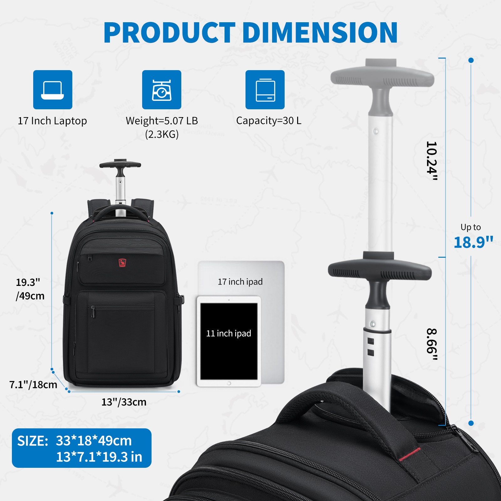 OIWAS 3IN1 Rolling Backpack with Wheels 19″Carry On Travel Luggage For Men Women
