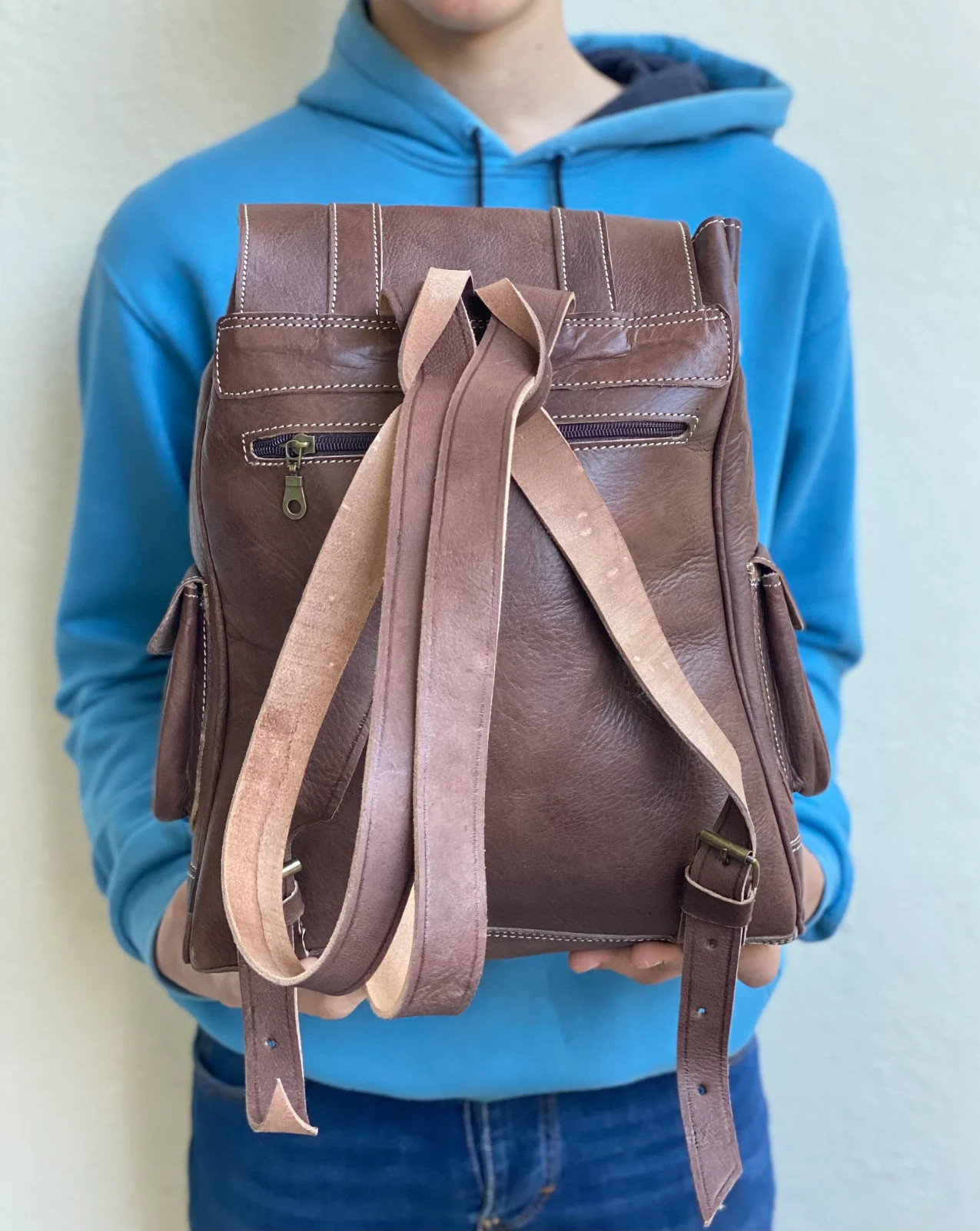 Handcrafted Genuine Leather & Red Kilim Backpack – Brown Leather | Leather Strap