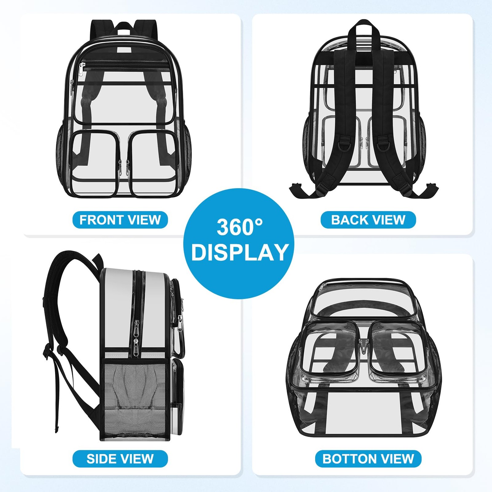 Clear Backpack Large Heavy Duty PVC See Through Transparent Bookbag Black