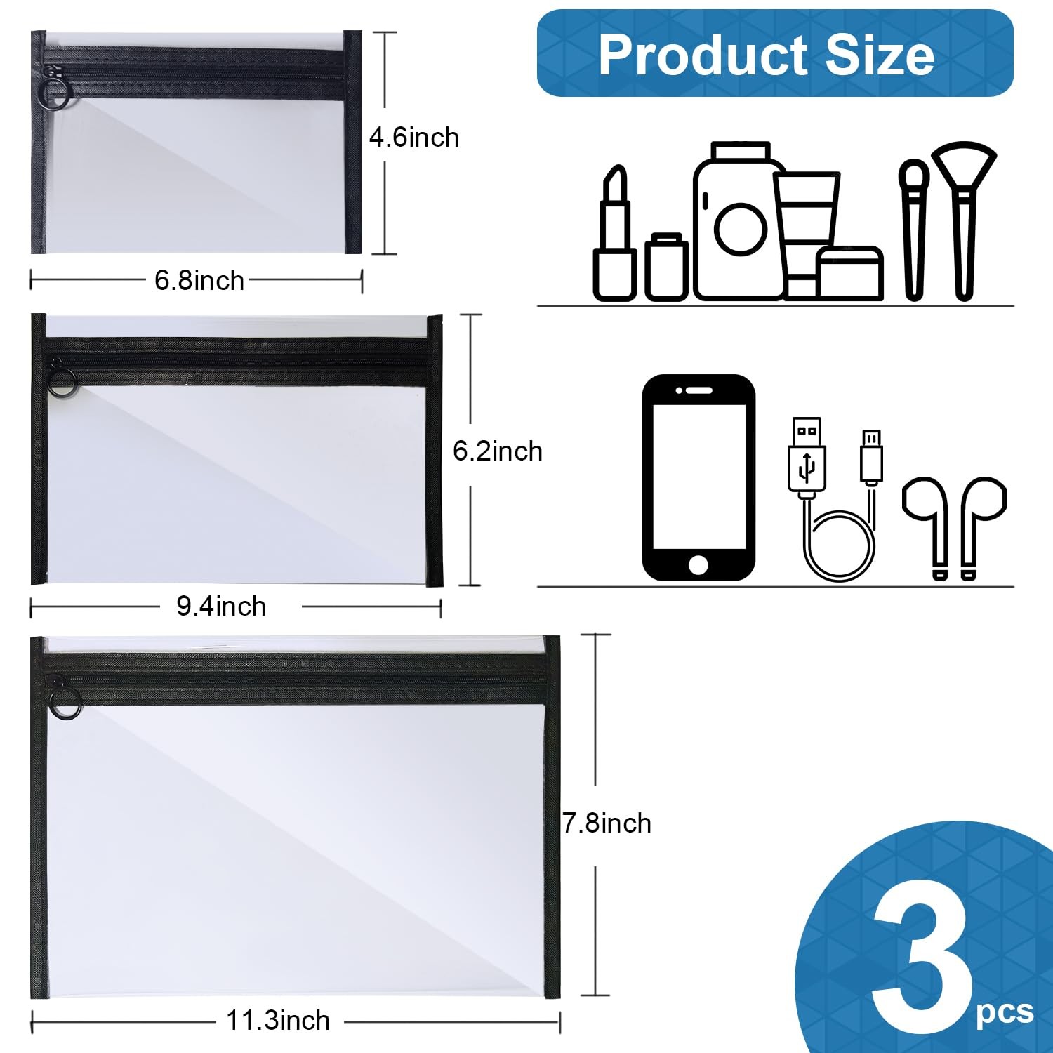 LMBTNCG Clear Toiletry Bags with 11.3 x 7.8 inches, With Black Trim