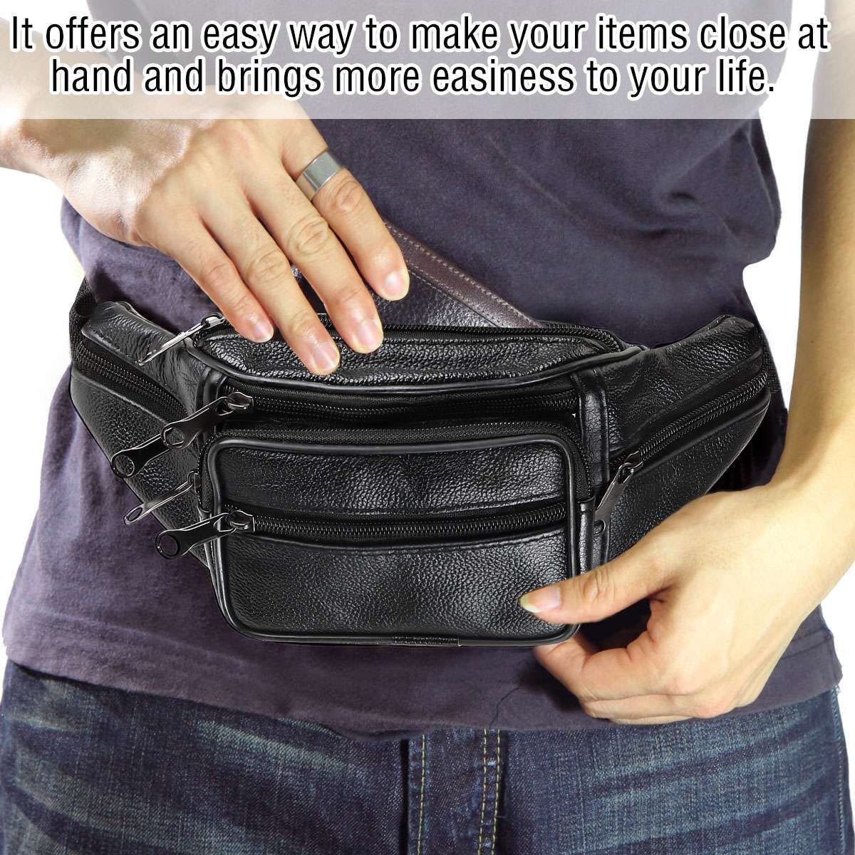 Genuine Leather Fanny Pack Multi Zippered Waist Bag Hip Belt Purse Black Pouch