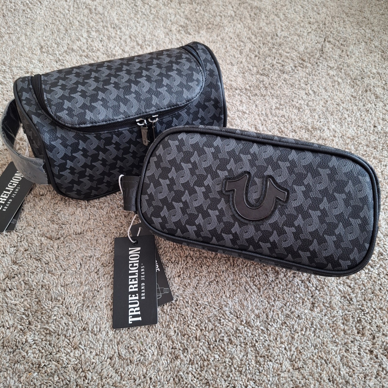 2 TRUE RELIGION Mens Toiletry Travel Bags CODA AUKKA Faux Leather Black NWT
