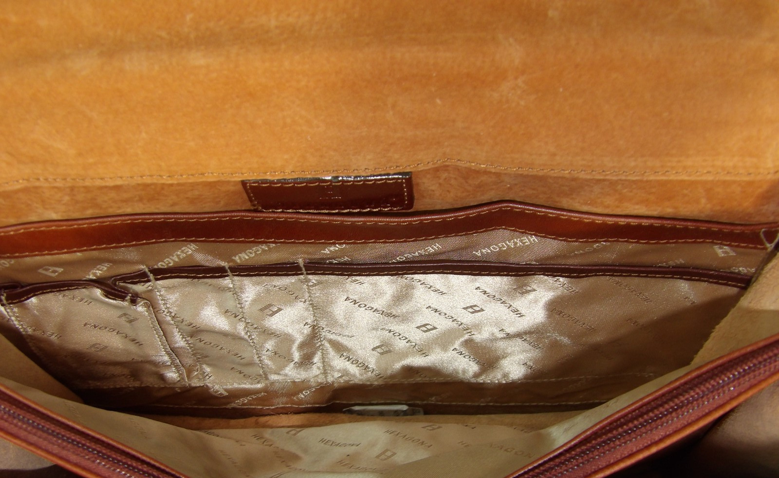 Hexagona Brown Genuine Leather w/ Flap 3 Compartments Shoulder Laptop Bag New!