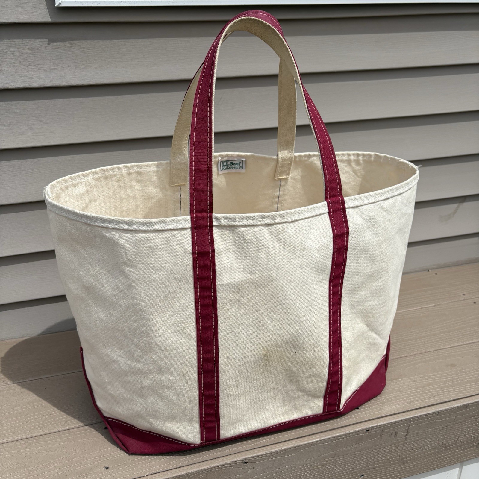 Vintage 80s LL Bean Boat And Tote Ivory Red USA Made BIG 26×15 Canvas