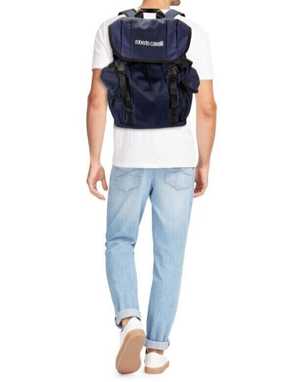 ROBERTO CAVALLI Unisex TRAVEL BACKPACK DARK NAVY BLUE NYLON NEW AUTHENTIC