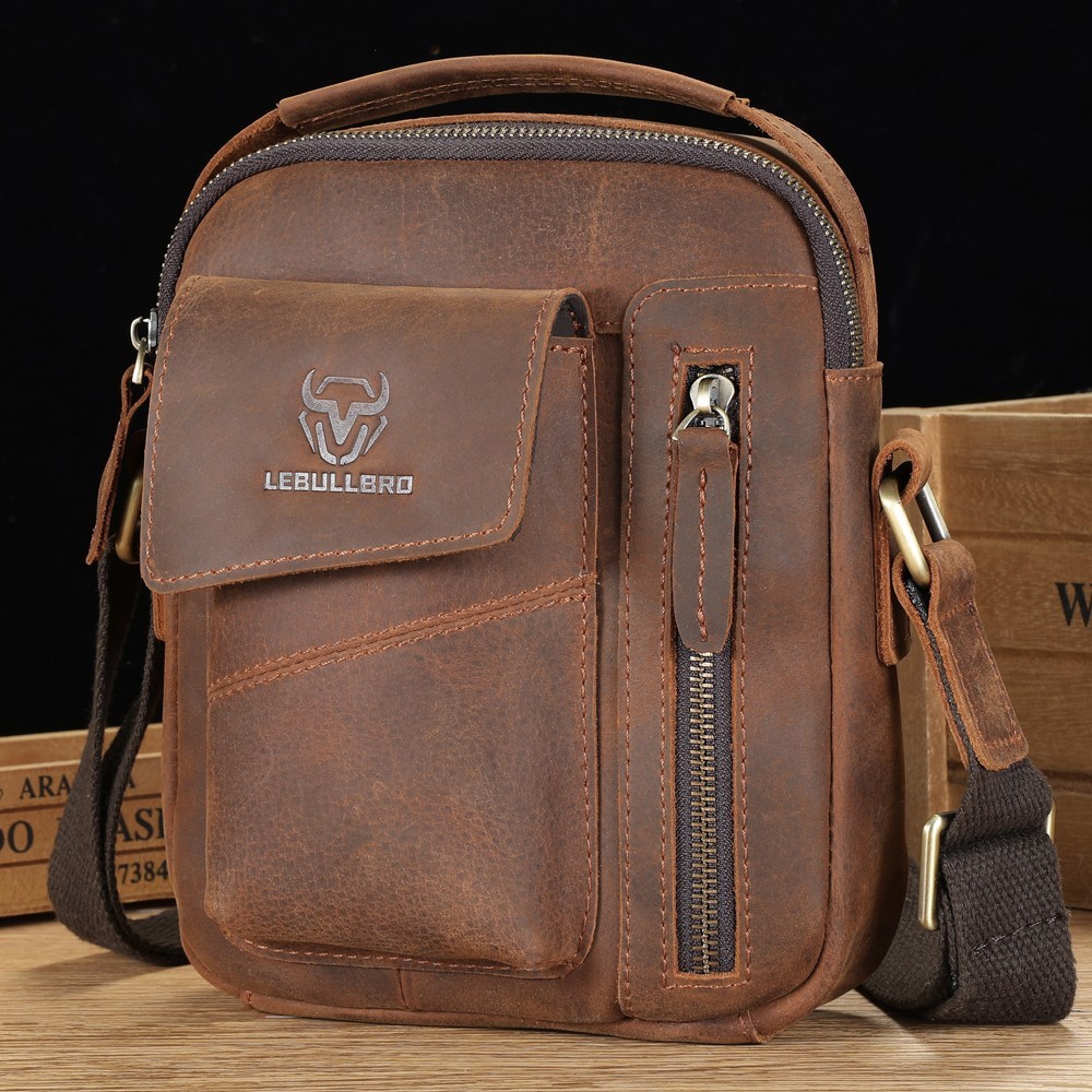 LEBULLBRO Men’s Sling Leather Shoulder Crossbody Bags Vintage Medium Handbag