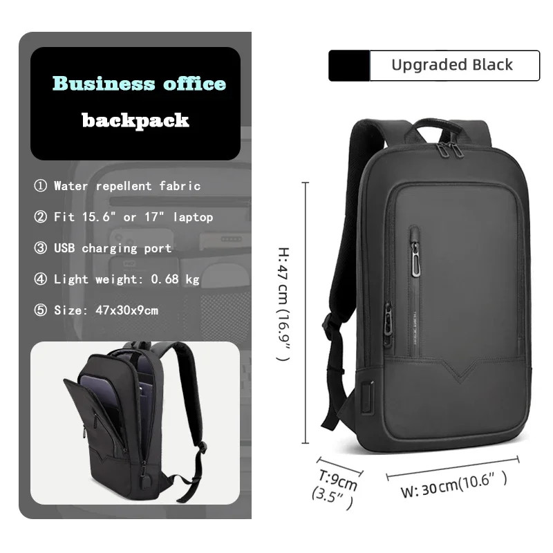 HK Slim Backpack 15.6-17″ Laptop Bag USB Charging Waterproof Business Travel