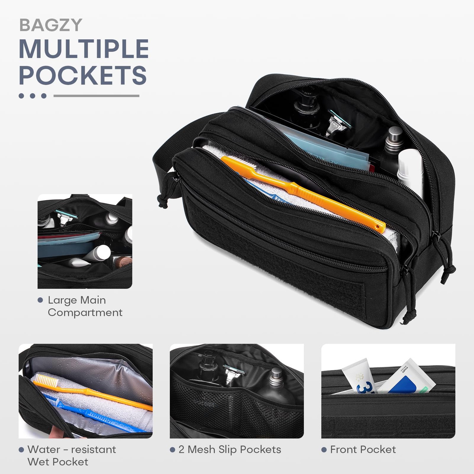 BAGZY Tactical Toiletry Bag for Men, Hygiene 10.6 x 6.3 x 4.3 inches, Black