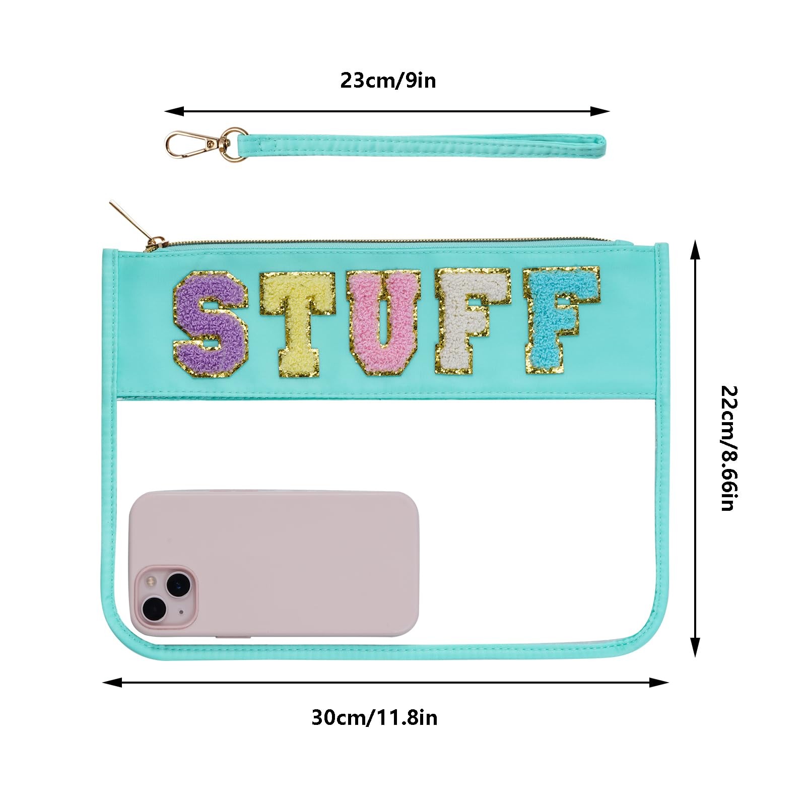 Hmxpls Chenille Letter Bag, Clear Flat Pouches 11.8×8.7 inch, Green-Stuff
