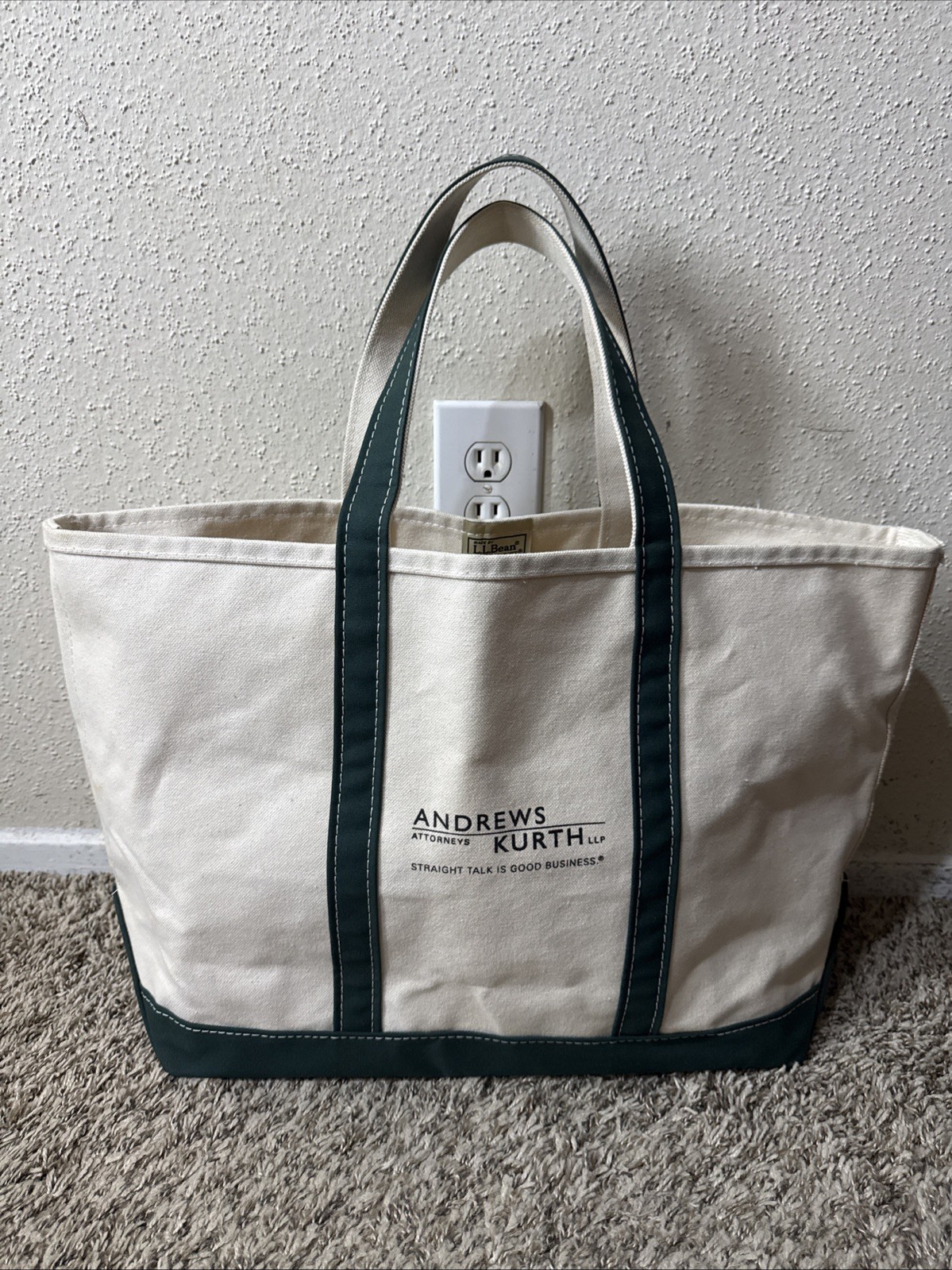 LL BEAN BOAT & TOTE Canvas Bag Large Forest Green Accent Short Handle Open Top