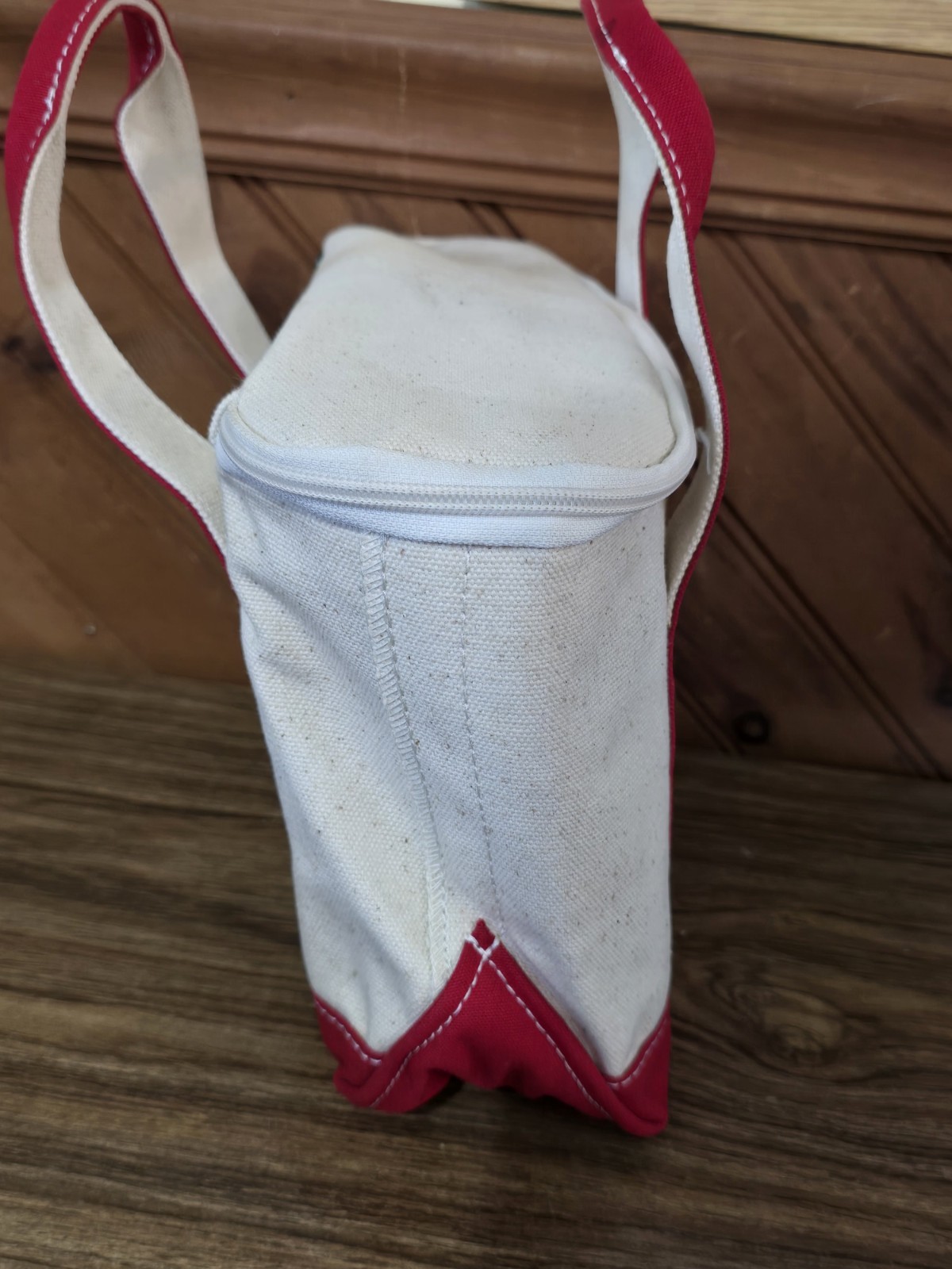 Vintage LL Bean Small Boat Tote Insulated Cooler Lunch Bag Beige Red Handles