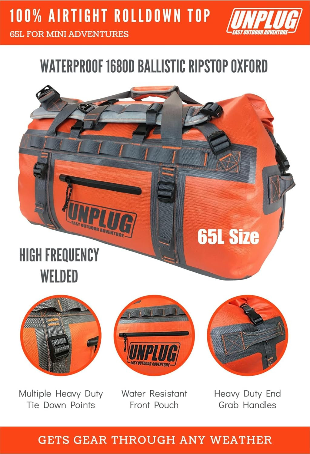 UNPLUG Ultimate Adventure 65L Waterproof Heavy Duty Travel Bag – Orange