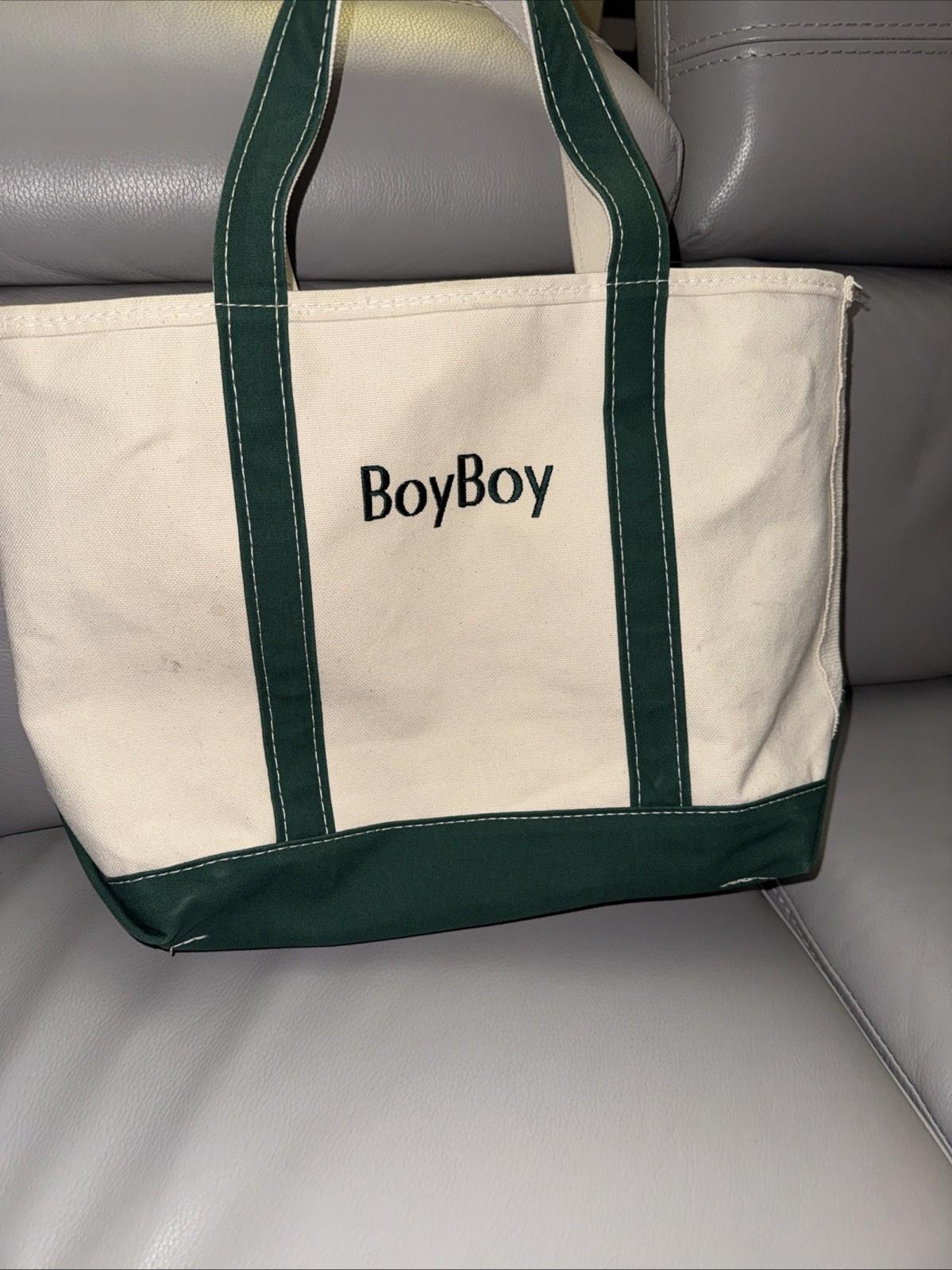 Vintage LL Bean Boat & Tote Canvas Bag Ivory Green Size Medium Made in USA