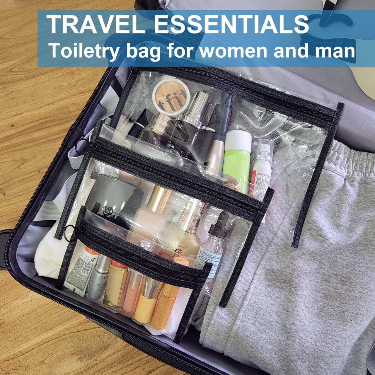 LMBTNCG Clear Toiletry Bags with 11.3 x 7.8 inches, With Black Trim