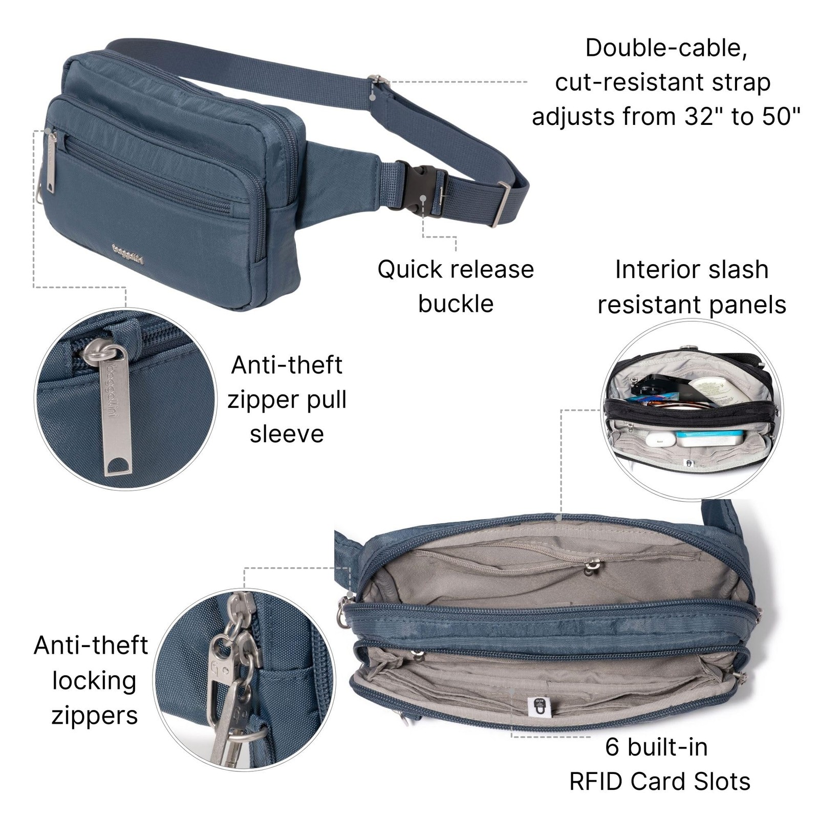 Baggallini Securtex Anti-theft Belt Bag 8.8″x5.5″ Crossbody One Size, Mist