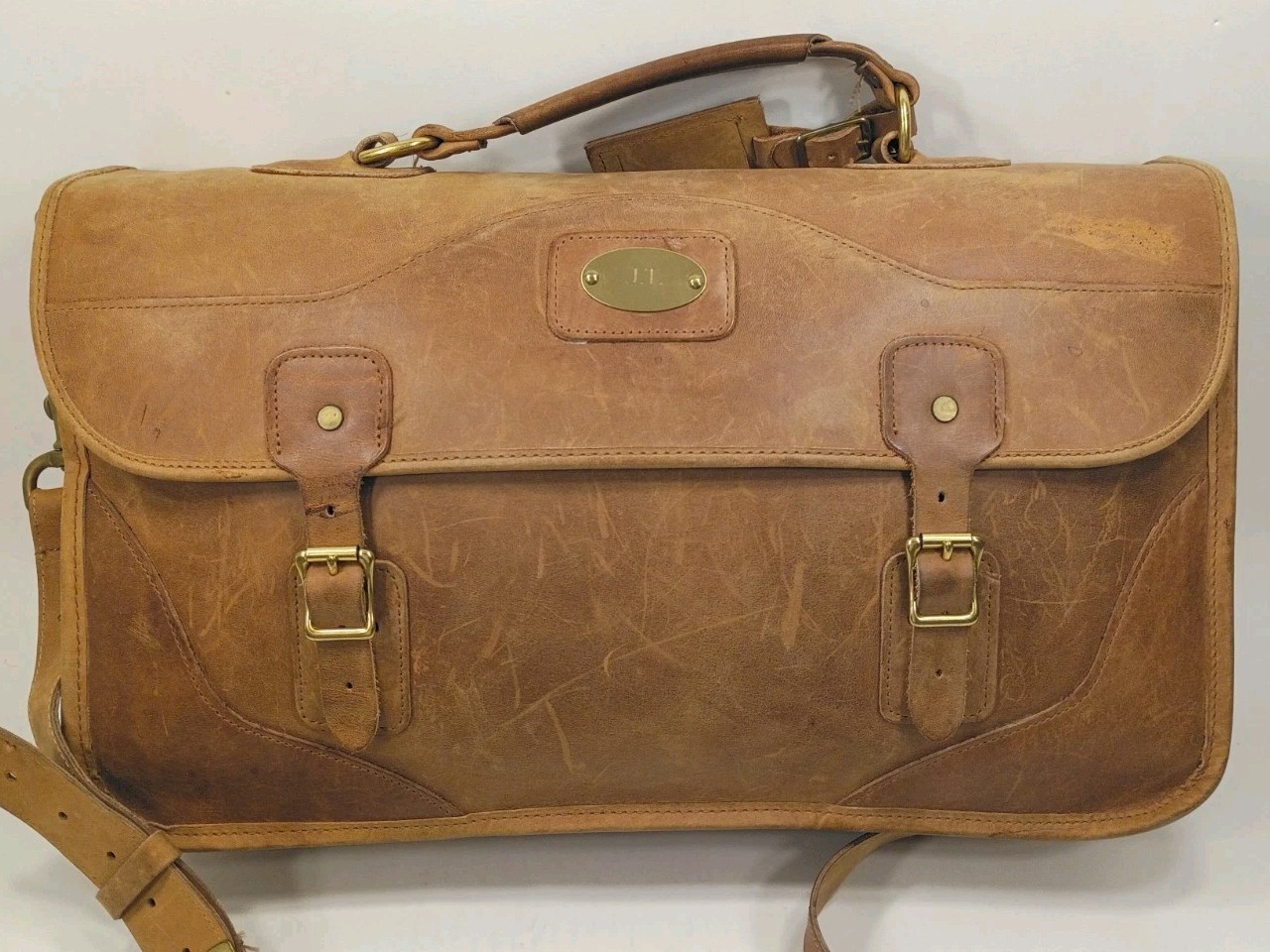 Gokey Co. Tan Heavy Saddle Leather Briefcase Green Canvas Brass Messenger Bag
