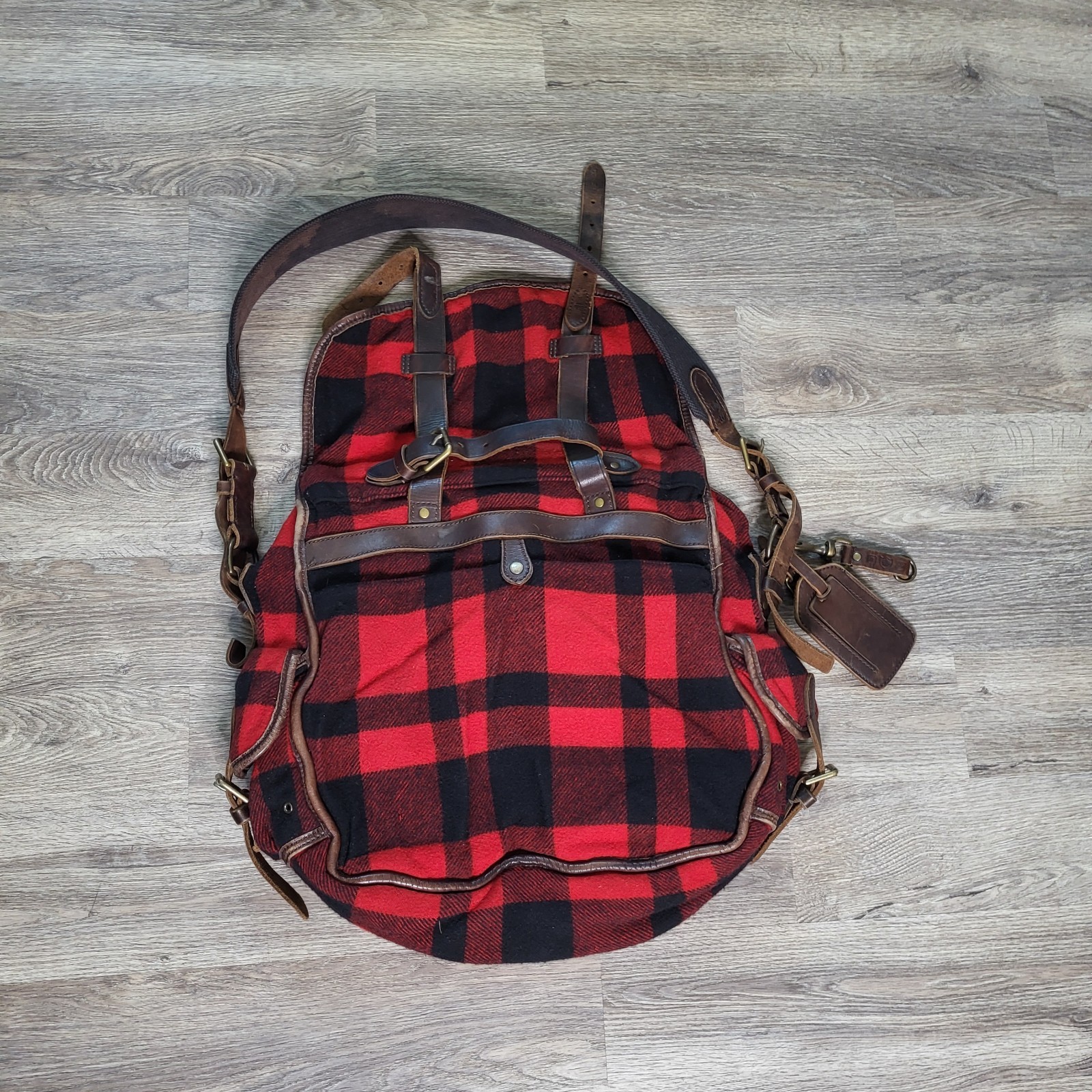 Ralph Lauren RRL Vintage Wool Leather Buffalo Plaid Bag Italy Double RL