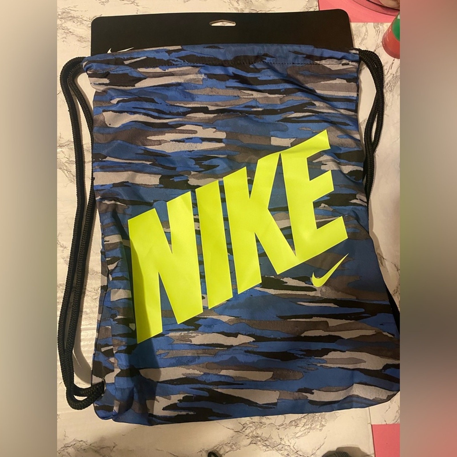 NWT, Nike Camo Blue, Gray & Black 17”x13” Drawstring Gym Bag W/ Neon Nike Logo
