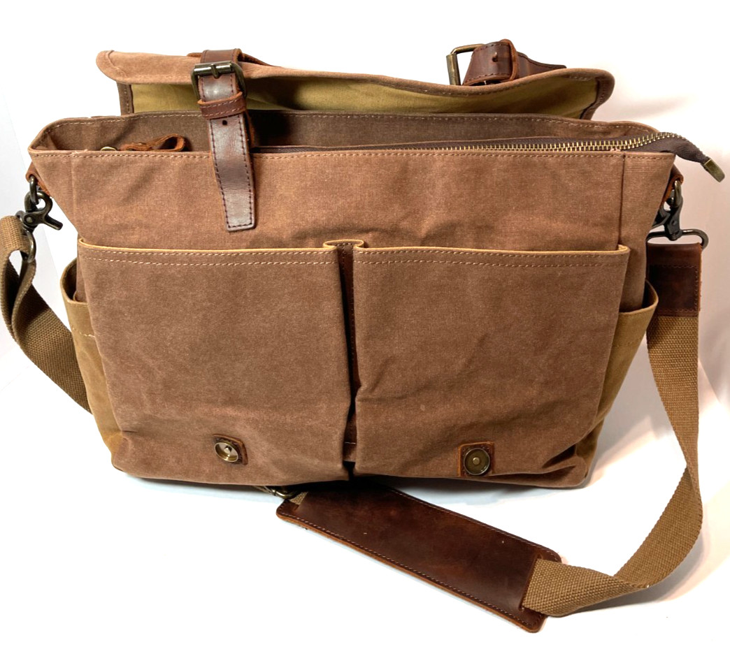 Newhey Messenger Laptop Bag Leather Accents Waxed Canvas Laptop Brown 15.5 Inch