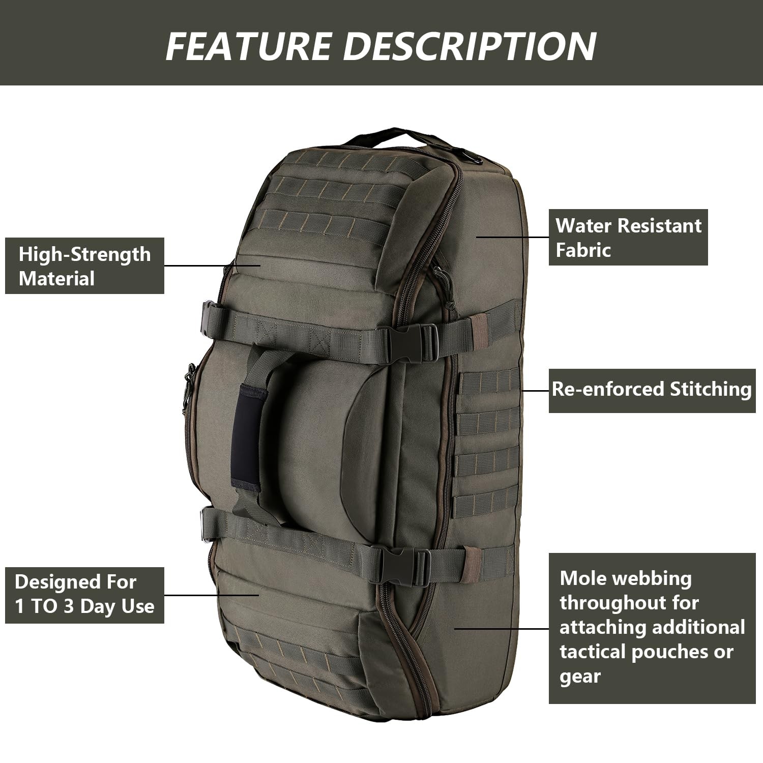 Hannibal Tactical 55L Large Duffle Bag, 3-in-1 Tactical Backpack MOLLE Pack f…