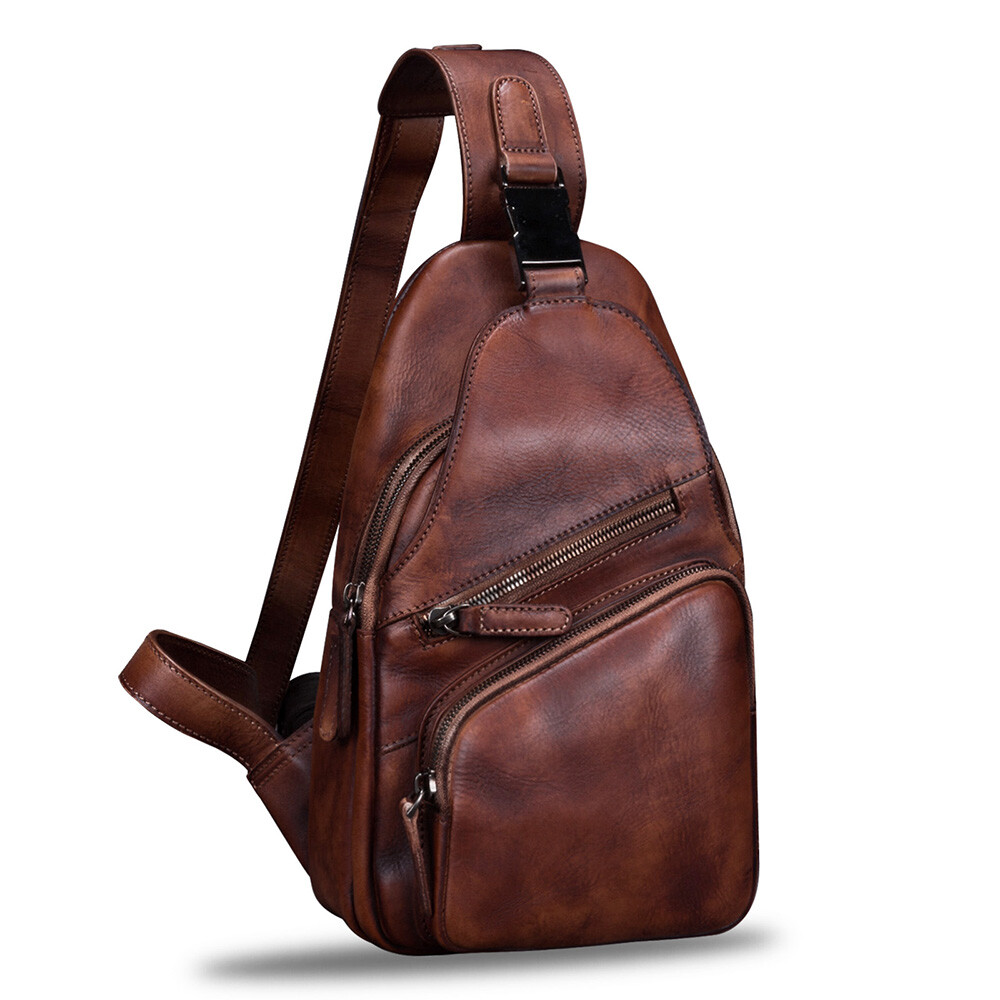 Genuine Leather Sling Bag Men Wome Retro Leather Crossbody Bag Chest Sling Purse