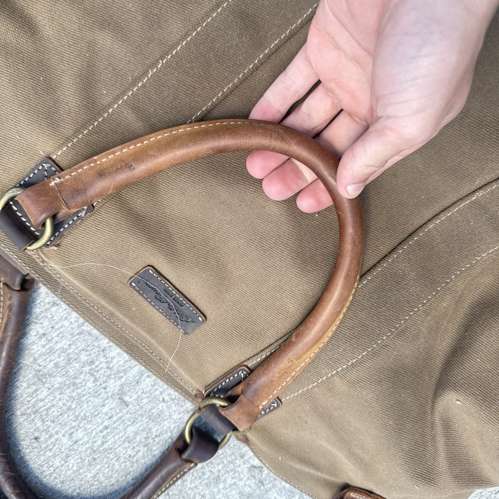 VTG Eddie Bauer Brown Leather Beige Cotton Canvas Messenger Bag Crossbody Strap