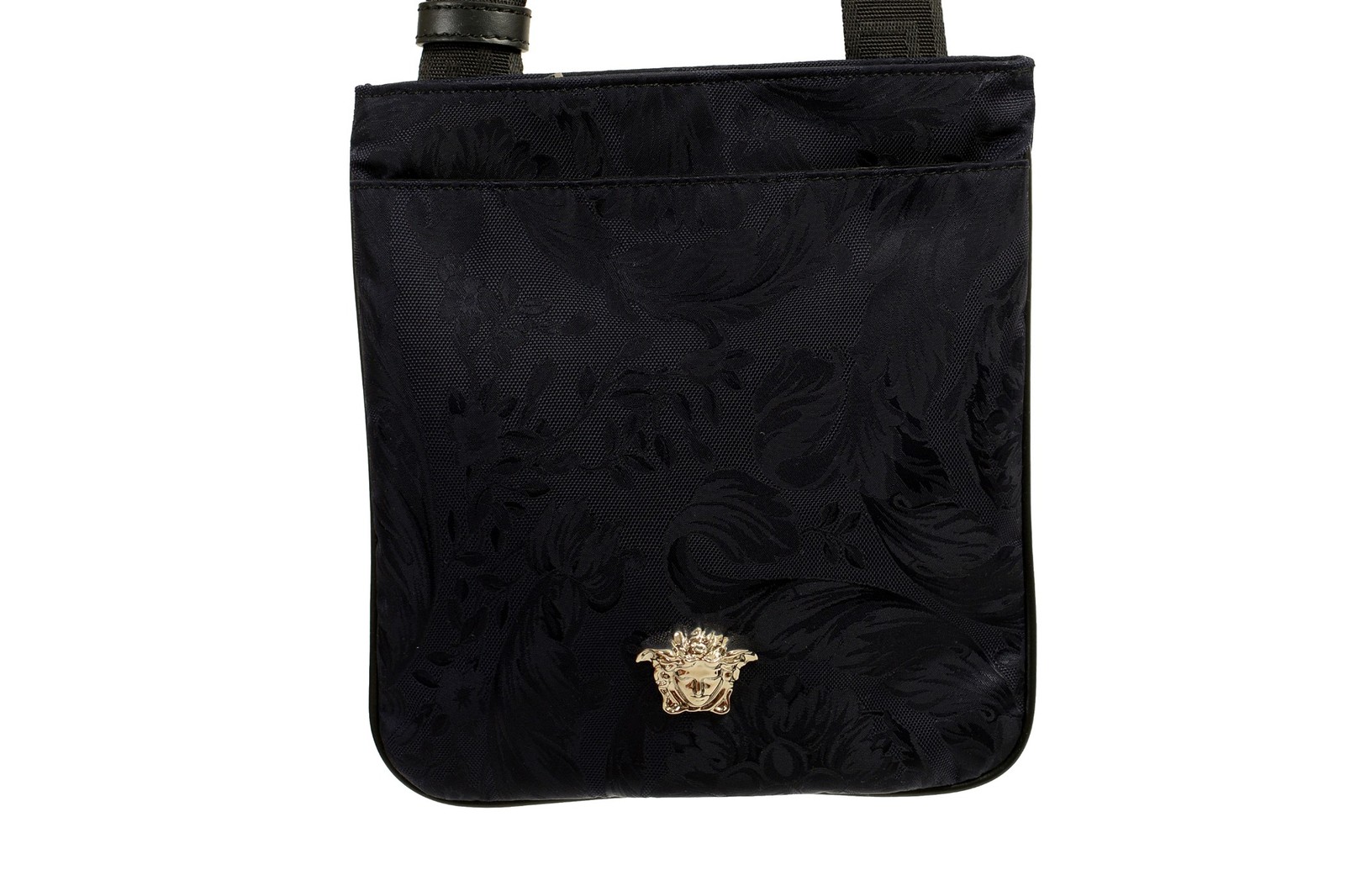Versace Navy Heritage Print Silver Medusa Flat Fabric & Leather Crossbody Bag