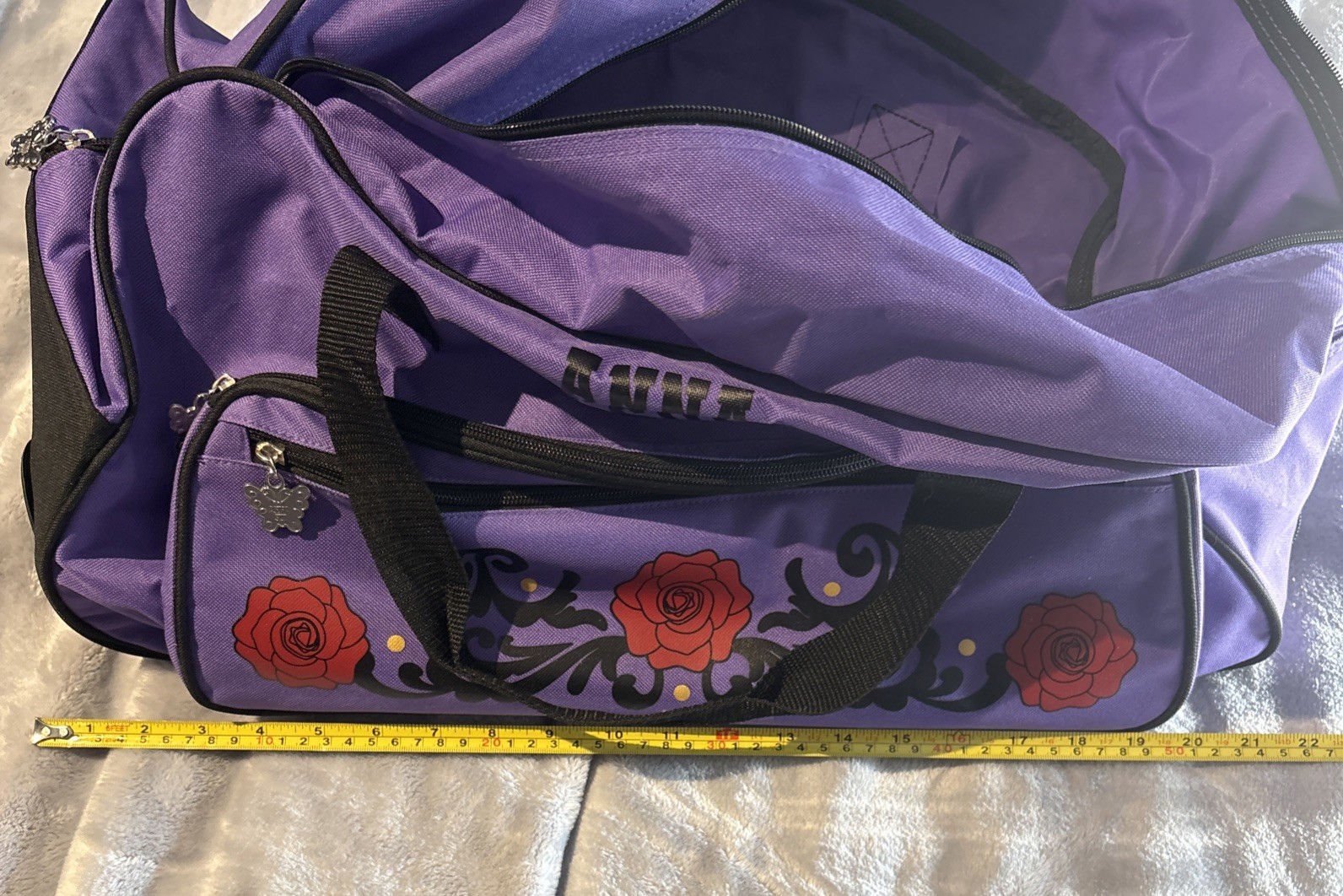 ANNA SUI Roling Luggage Carry On Duffle Bag Purple W Butterfly Red Roses Read