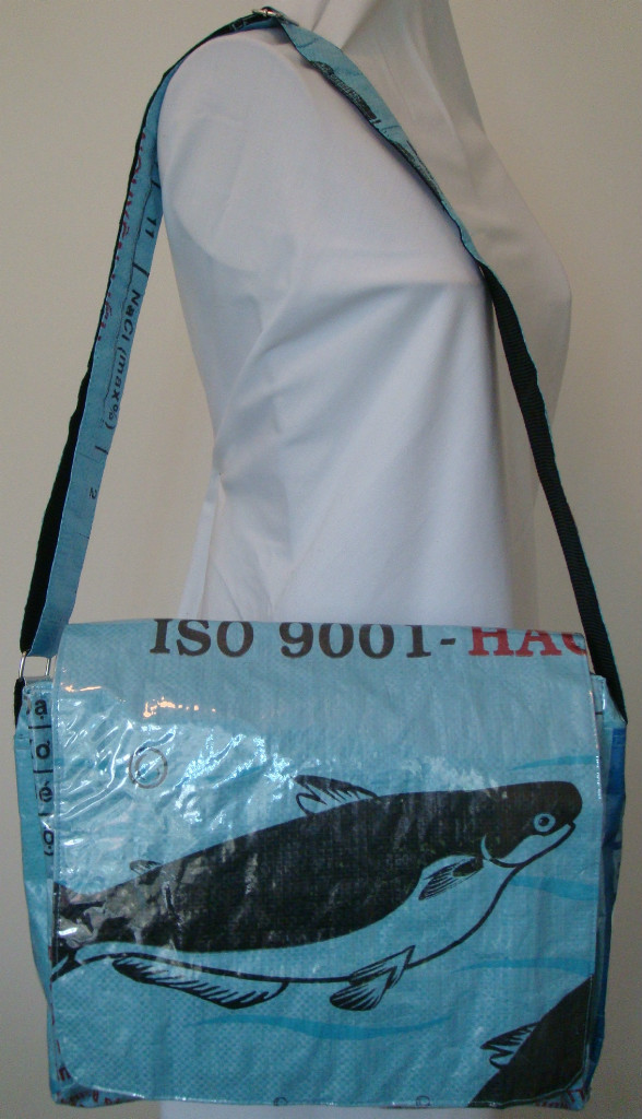 Fair Trade Recycled Deluxe Messenger Bags made in Cambodia from Fish Feed Bags