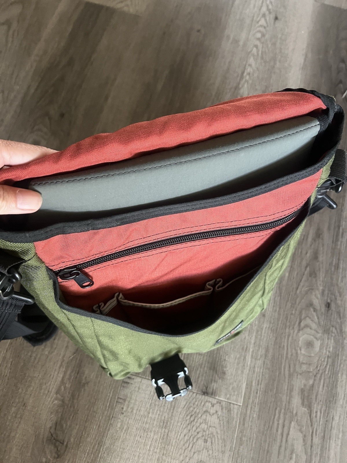 Tom Bihn Ristretto Olive Green Messenger Bag with Orange Interior