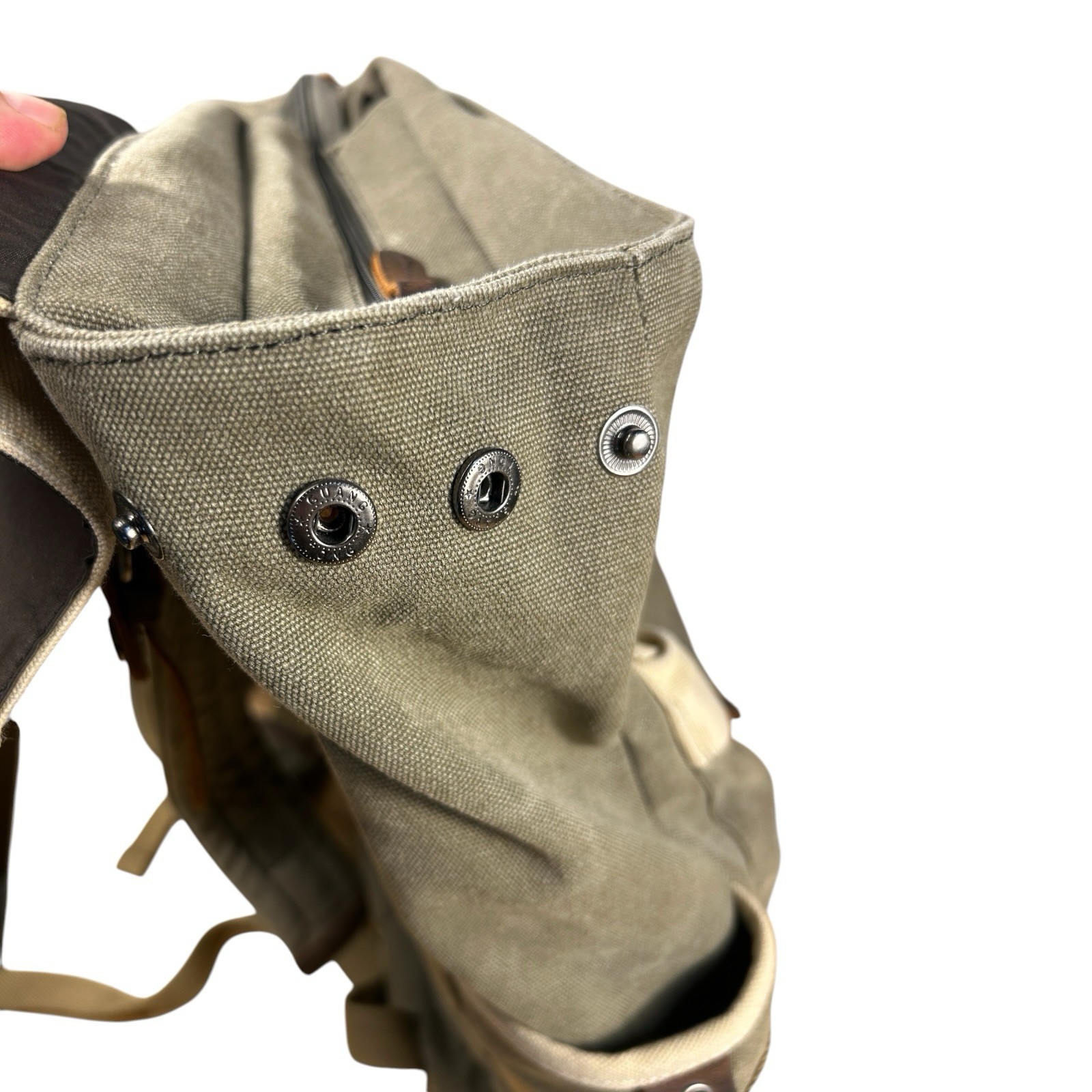 Suvom Canvas Leather Trim Rolltop Backpack Olive Khaki Two-Tone EUC