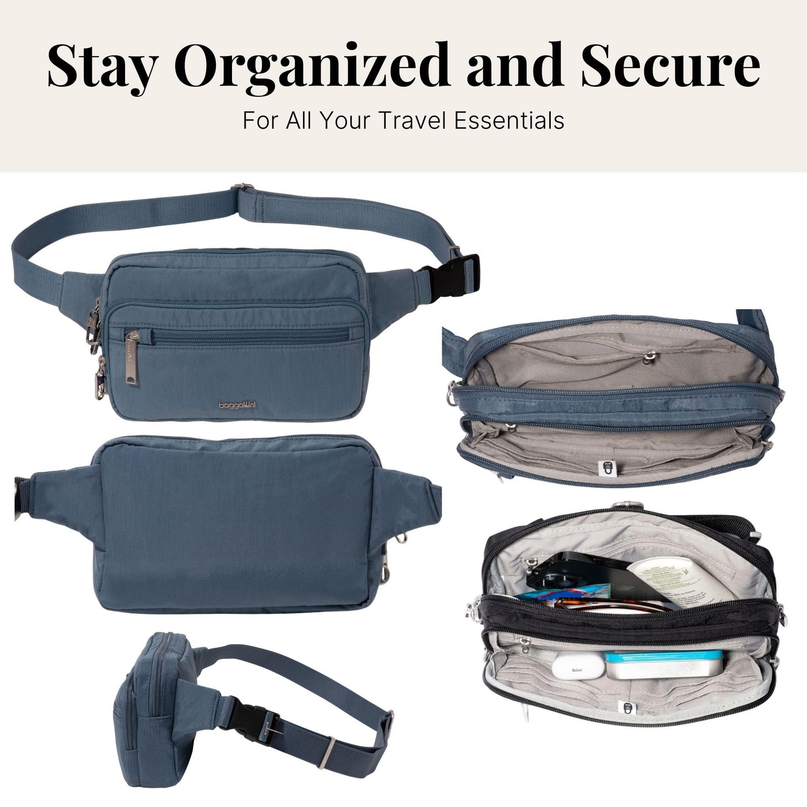 Baggallini Securtex Anti-theft Belt Bag 8.8″x5.5″ Crossbody One Size, Mist