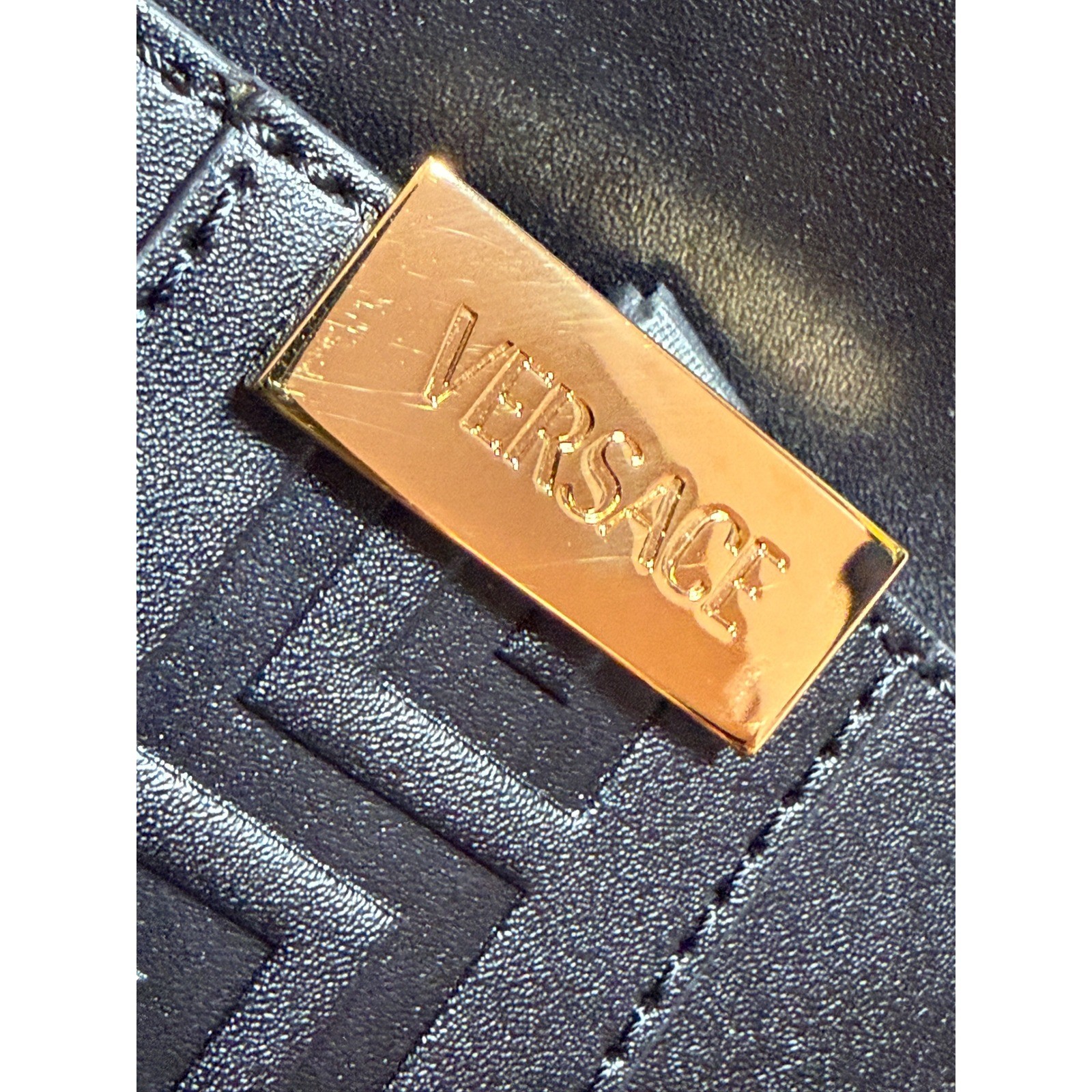 Versace 1020736 Black Leather Greca Crossbody Messenger Bag Gold Logo